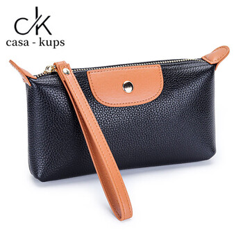 Casa-kupsck new first-layer cowhide hand-twisted mobile phone bag with large capacity, long wallet, women's contrasting color portable clutch bag, black