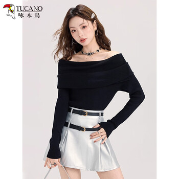 Woodpecker one-shoulder knitted long-sleeved t-shirt for women in early autumn, slim fit inner layer, high-end base layer top, black l
