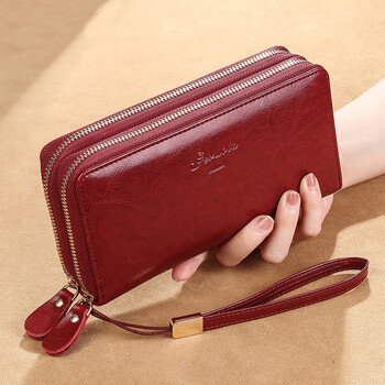 Shenshiyi genuine leather long wallet women's chinese valentine's day clutch wallet card case one-piece large capacity double zipper wallet mobile phone bag ger women's oil wax genuine leather double zipper burgundy