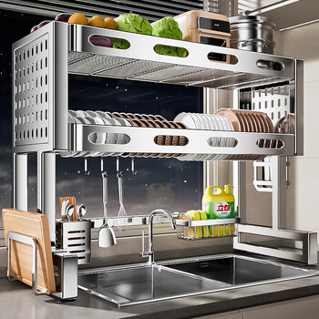 Benwang (bw) 304 stainless steel kitchen sink rack multi-functional bowl storage rack countertop sink drain rack 304 stainless steel double layer 87cm + luxurious and fully equipped