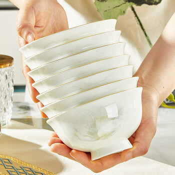 Youzun ceramics bone china rice bowls for home use 2025 new high-value ceramic bowls and plates tableware gold-rimmed microwaveable dishes set 4.5-inch tall bowls 6 pieces