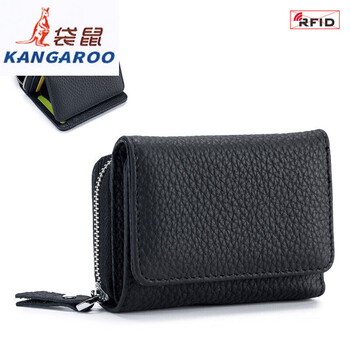 Kangaroo (kangaroo) genuine leather japanese style short women's tri-fold mini rfid wallet large capacity new multifunctional coin bag storage bag black