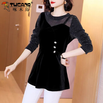 Woodpecker fake two-piece long-sleeved chiffon shirt bottoming shirt for women spring and autumn new black mid-length gold velvet lace shirt top black m recommended under 105 pounds