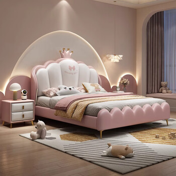 Solid wood bed children's bed girl's bedroom princess bed light luxury leather bed small apartment pink crown double bed quality/children's bed color remarks/delivery to home 1500mm*2000mm frame structure