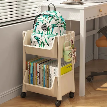 Nifeng storage rack trolley for schoolbags movable bookshelf with wheels small bookcase floor-standing desk storage rack under the desk 2-layer white open version with pulley + hook