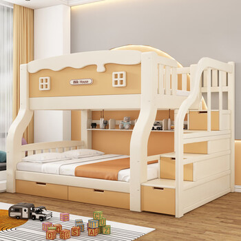 All solid wood bunk bed cartoon bunk bed small apartment multifunctional wooden bed double solid wood high and low bed painted-cabinet ladder-double drawer-brown mat upper bed width 160 lower bed width 180 (comes with bookshelf)