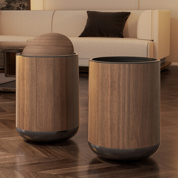 Kaman trash can household 2025 new imitation wood grain high-value living room indoor kitchen bedroom bathroom flip-top paper basket wood grain with lid-15l 1