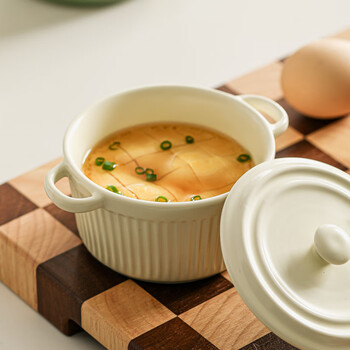 Pupan ceramic steamed egg bowl, special microwave oven baking bowl, air fryer baked rice bowl, stew cup with lid, household double-eared small soup bowl, small-milk white double-eared bowl 250ml
