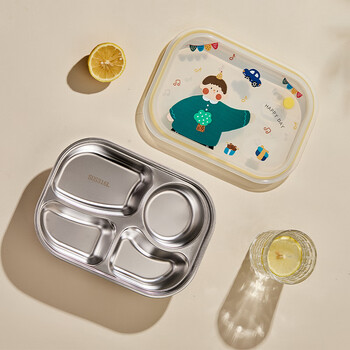 Treejack 316l stainless steel children's compartmented dinner plate, kindergarten baby's special eating plate, primary school student's lunch box with lid