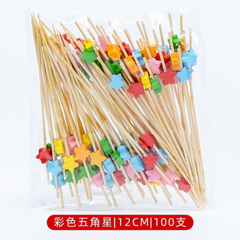 Qinkai disposable fruit picks, bamboo picks, fruit forks, decorative wine picks, snack picks, bar/12cm long ktv commercial art toothpicks, colorful stars (wood)/12cm, 1000 pieces, plus 100 mixed-color hearts