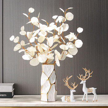 Bodio sideboard ornaments, high-end light luxury ceramic vase ornaments, creative living room entrance tv cabinet table decorations, square vase white + apple leaf + fulu white pair