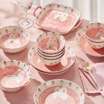 Persson (ceramics) internet celebrity strawberry rabbit ceramic bowl, plate, chopsticks and tableware set for home underglaze color children's rice bowl dish plate salad bowl strawberry rabbit for 2 people 10-piece set