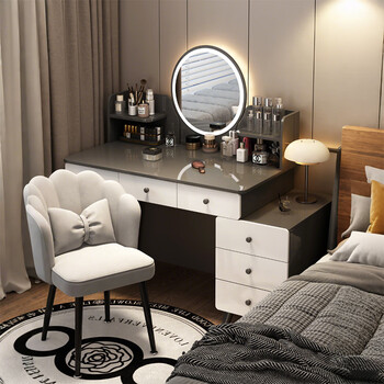 Autuhom solid wood dressing table bedroom simple modern dressing table cabinet 2025 new light luxury high-end storage cabinet integrated solid wood board five drawers + lamp mirror + flower chair 80cm table gray door-to-door free installation package thickened 15mm