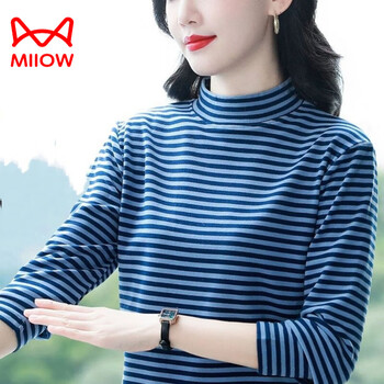 Miiow 2025 spring and autumn new long-sleeved half-turtle collar bottoming shirt for women to wear outside and printed belly covering striped versatile t-shirt for women blue and white 3xl recommended 135-145 jin