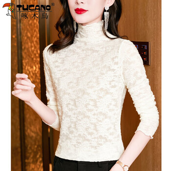 Woodpecker thin velvet lace bottoming shirt for women 2025 new autumn and winter half turtleneck top, stylish inner long-sleeved t-shirt, apricot regular m, recommended 85-100 pounds