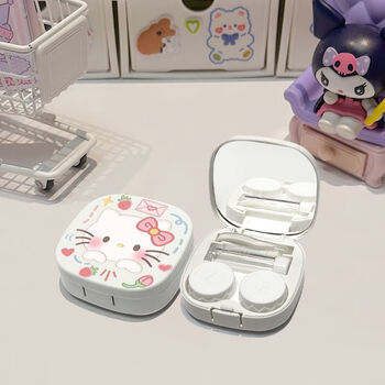 Kaooseen contact lens box, contact lens box, cute kt cat portable full set of tools, contact lens cleaner with tweezers, mirror, blush hello kitty contact lens box, cream white