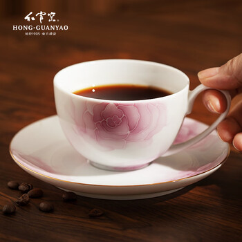 Hongguan kiln ceramic coffee cup and saucer set, high-end light luxury rose hand-painted underglaze color tea cup for women as a gift, xi rose coffee cup*1+cup and saucer*1