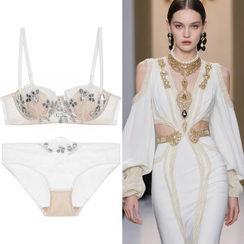 Victoria palace sexy bra thin thin rabbit ears cup embroidered lace underwear large breasts show small anti-sagging bra set white set 75b /34