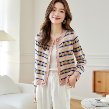 Shexi (srcr) 100% wool retro jacquard knitted cardigan jacket for women autumn and winter short style small style sweater outer