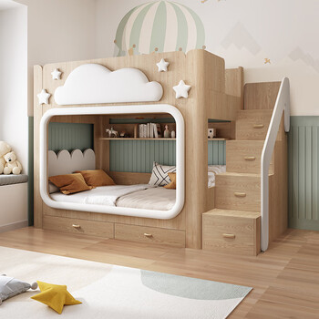 Fuguimao bunk bed, two-story small apartment, double bunk bed, adults do not interfere with each other, boys and girls bed cloud, front ladder + bunk bed + double drawer + mattress * 2, inner diameter 1.5 * 2.0m