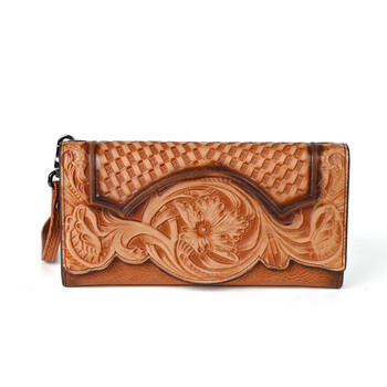 Chinese style embossed wallet women's first layer cowhide long fashion wallet large capacity tri-fold bag retro small clutch bag retro brown