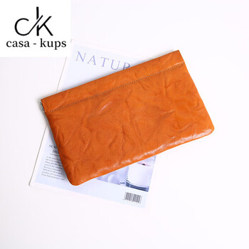 Casa-kupsck first layer vegetable tanned cowhide wallet women's long genuine leather mobile phone bag simple retro large capacity storage bag orange