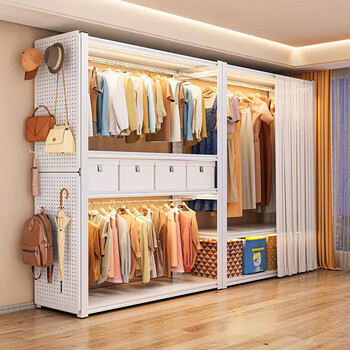 Qixu open wardrobe rental room clothes rack bedroom storage cabinet simple coat rack with dust-proof curtain shelf storage rack three layers - height 160cm including clothes hanging rod * 1 length 150 * width 50cm 1m hole board + front curtain