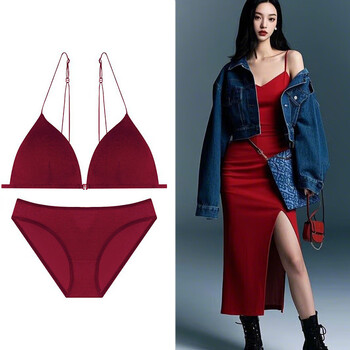 Victoria palace sexy invisible underwear women's front button triangular cup wireless bra thin cotton spaghetti straps beautiful back underwear set wine red xl