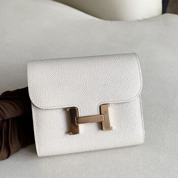 Second-hand 99 new idle hermes (hermes) kangkang short milkshake white rose gold buckle epsoma engraved wallet wallet without accessories