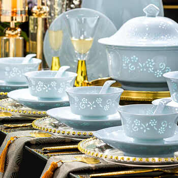 Putu high-end exquisite porcelain dishes and tableware jingdezhen ceramic underglaze color plates and bowls set 10 people moving wedding gift qiushui exquisite high temperature underglaze color 100 pieces