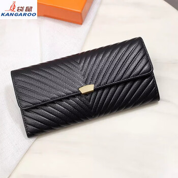Kangaroo light luxury brand soft cowhide long hand wallet women's chinese valentine's day genuine leather large capacity wallet temperament handbag black