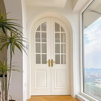 Wen yijia solid wood painted door french double door solid wood glass arc shape bedroom door indoor lattice door arc arch white cream style double door