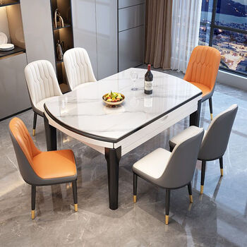 Fanyuemo bright slate modern simple dining table and chair combination for home small apartment solid wood telescopic folding variable round table black and white frame-12mm (snow mountain white) glossy slate 1.2 meters 1 table 4 chairs (leather chair)