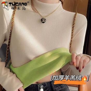 Woodpecker velvet thickened bottoming shirt for women 2025 autumn and winter new style half turtleneck lamb velvet warm long-sleeved t-shirt inner top beige color (brand quality/velvet) thickened s within 90 pounds