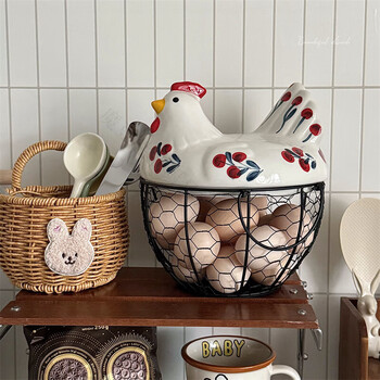 Magic bean shenghuo*beautiful little aunt*kitchen egg storage basket home creative retro ceramic hen decoration storage basket cherry blossom egg style
