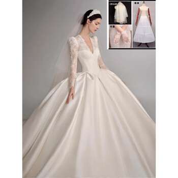 Wenmi wedding dress simple and lightweight satin main bride 2025 new light dress small retro outing veil maternity long sleeve white floor-length style xs