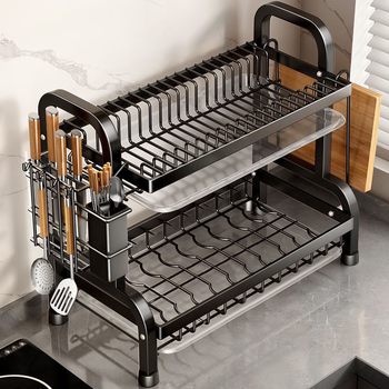 Guoshuo technology kitchen storage rack stainless steel drainage dish rack multifunctional countertop storage rack bowl and utensil storage 42cm double layer + knife and chopstick holder + chopping board rack + drainage tray thickened anti-rust