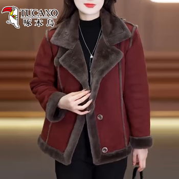 Woodpecker european goods plus velvet and thickened fur all-in-one women's autumn and winter coat 2025 new large lapel cotton coat ancora red plus velvet original thickened l recommended 90-105 pounds