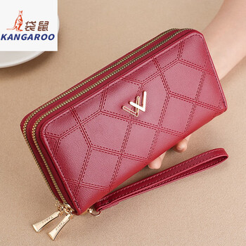 Kangaroo 2025 new internet celebrity wallet women's long ins double layer double zipper multi-card slot mobile phone large capacity hand coin purse double money red