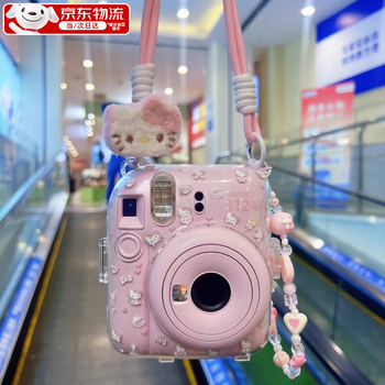 Brilliant fuji polaroid mini12 protective case camera protective case with shoulder strap kt lanyard transparent decorative painful shell crystal shell instant camera bag cute accessories storage set mini12 shell + pink and white hand rope + plush kt + sticker + lanyard