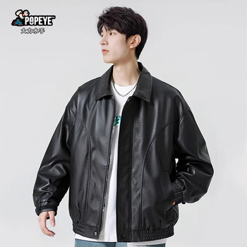 Popeye american street motorcycle lapel jacket men's autumn and winter loose pu leather maillard jacket dj03 black 2xl