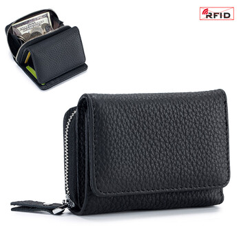 Vanlemn danish anti-theft brushed cowhide wallet card bag short genuine leather coin purse women's shielded rfid multifunctional storage bag black