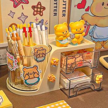 Ono chongya butter bear pen holder office desktop storage box for children and girls large capacity student desktop rotating pen holder high-looking ins style girls creative pen holder oblique plug-in bear desktop storage box-butter rice-free 4 stickers