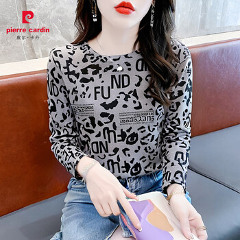 Pierre cardin fashionable spring and autumn leopard print bottoming women's t-shirt slim fit round neck long sleeve autumn new top gray s recommended 80-95 catties