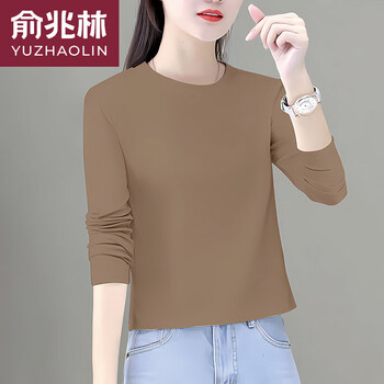 Yu zhaolin (yuzhaolin) spring and autumn pure cotton long-sleeved women's new style petite short high-waisted solid color top with casual bottoming shirt khaki xl recommended 112-125 pounds
