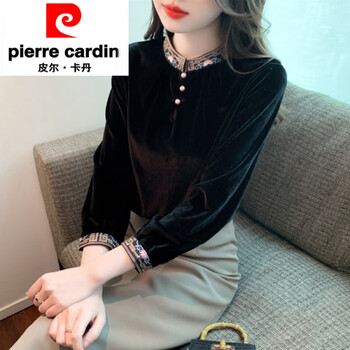 Pierre cardin 2025 autumn new style new chinese style velvet bottoming shirt for women autumn and winter velvet thickened inner top black 2xl