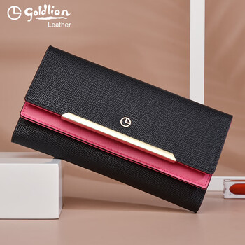 Goldlion wallet women's long genuine leather women's tri-fold wallet cowhide trendy fashion clutch gift mother's handbag black and rose red