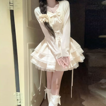 Yezhi's french style is sweet, unique and super pretty. two-piece cardigan jacket, fluffy cake dress, little people's autumn outfits. two-piece suspender cake dress set s