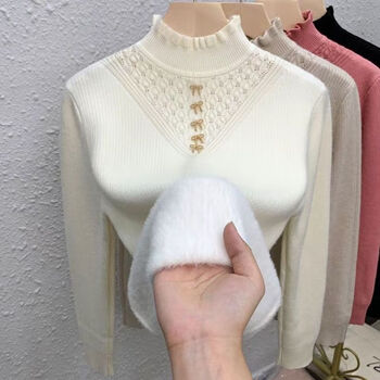 Jiahao jiayi one-piece velvet half-turtleneck sweater for women 2025 autumn and winter new style inner layering shirt versatile knitted sweater top white xl recommended 120-130 pounds