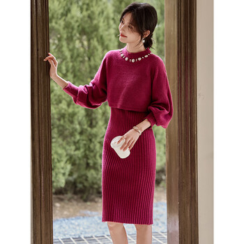 Shangjing christmas suit skirt women's 25 winter new women's dress lady style elegant beaded lantern sleeve knitted suspender skirt two-piece set